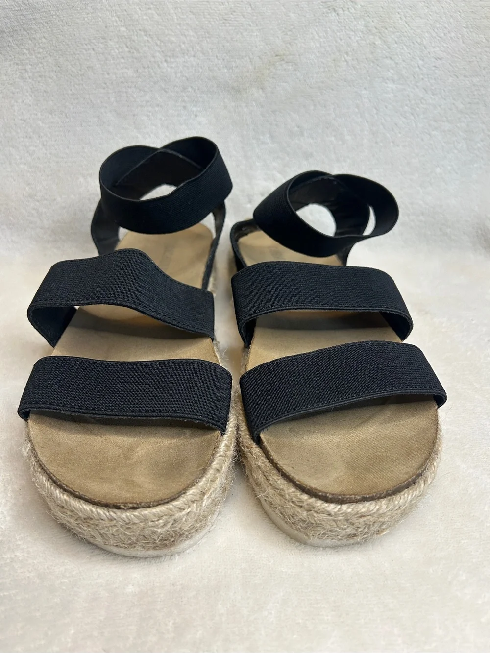 Cushionaire Mandy Black Elastic Strap Jute Espadrille Platform Sandals Women 7.5